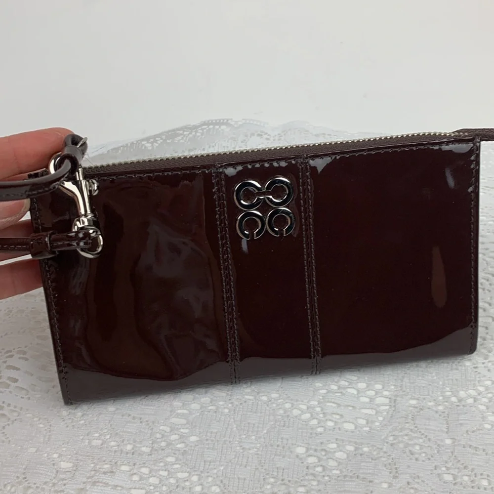 Coach Opt art brown patent leather wallet wristlet Shiny Pockets New